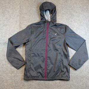 Asics Jacket Womens Medium Gray Hooded‎ Full Zip Lightweight Windbreaker Running